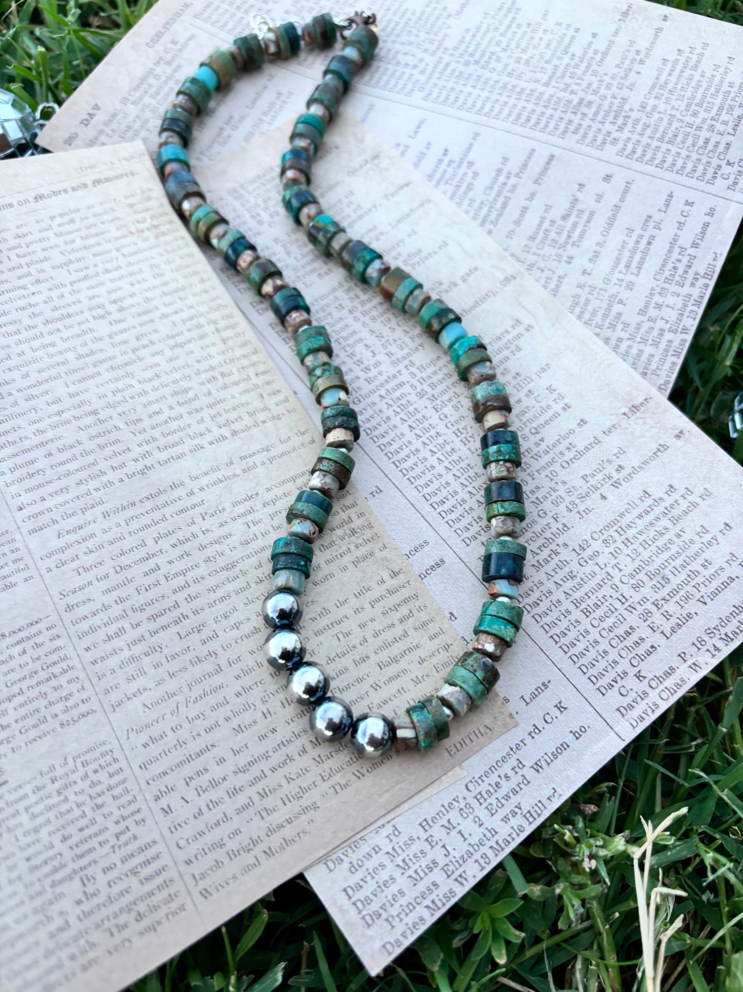 Turquoise Heishi + Sterling Pearl 16”