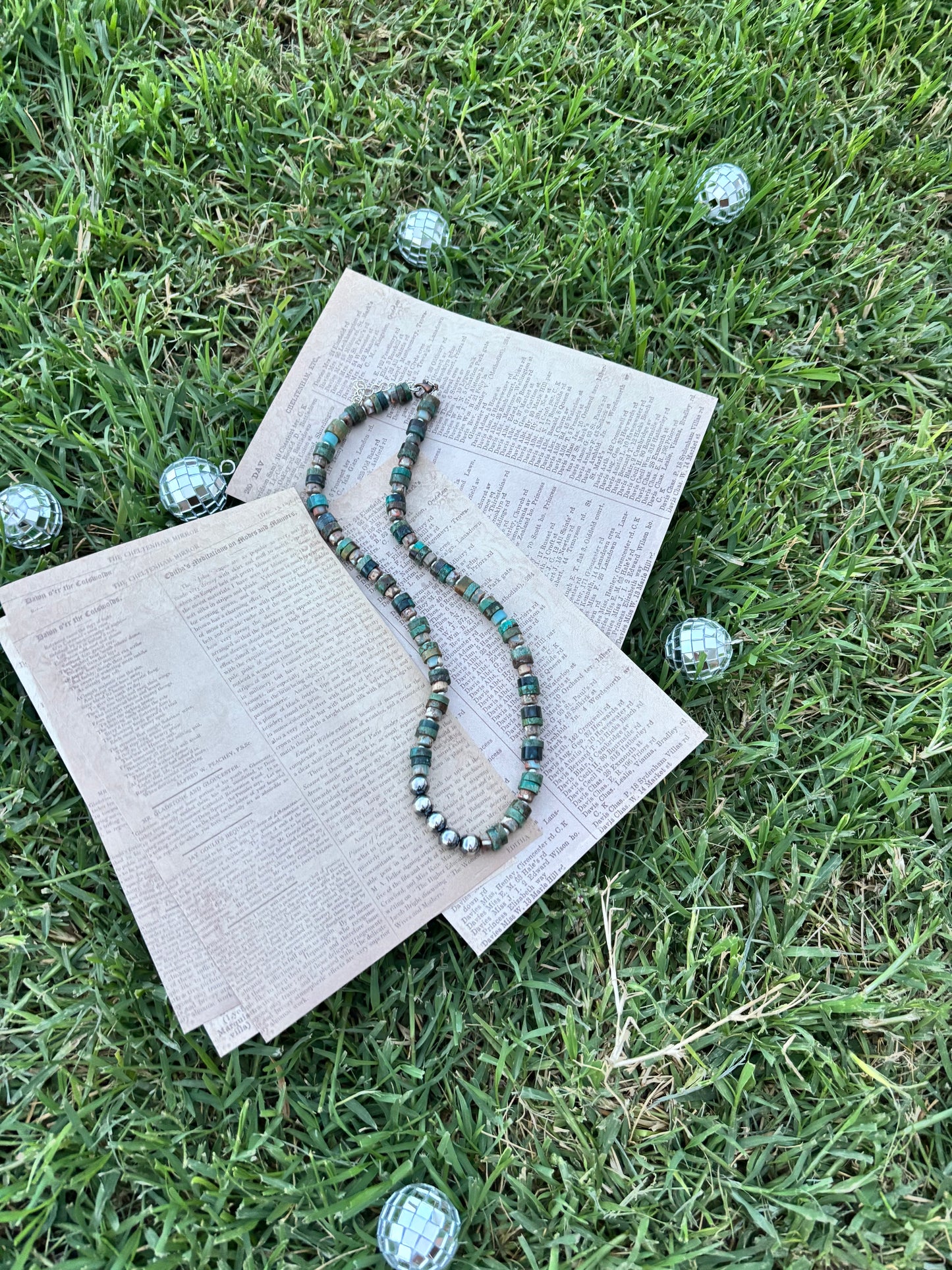 Turquoise Heishi + Sterling Pearl 16”