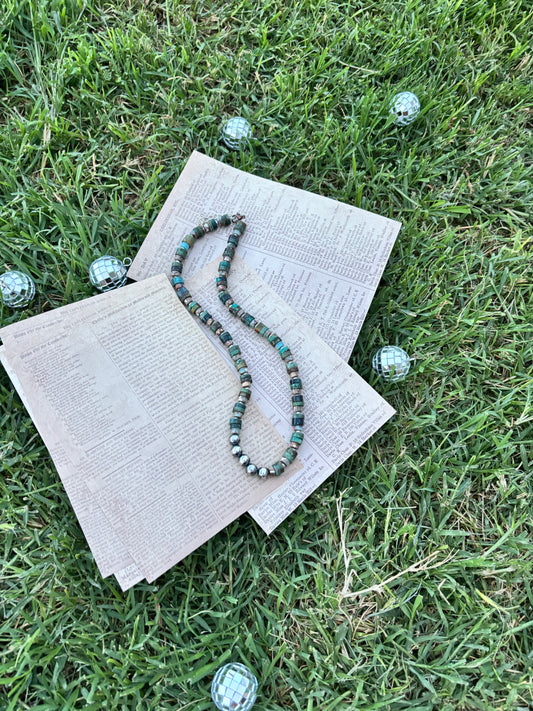 Turquoise Heishi + Sterling Pearl 16”
