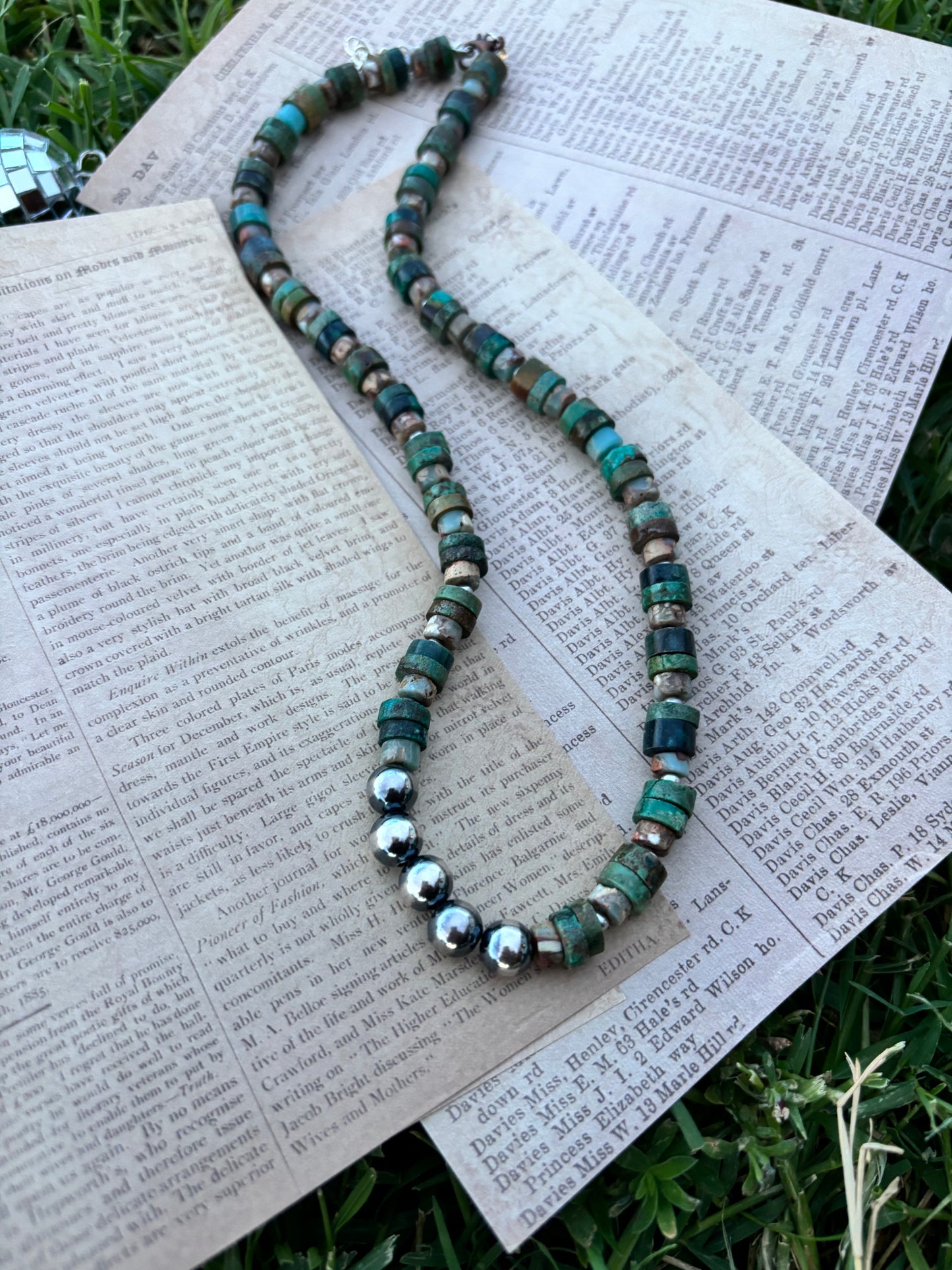 Turquoise Heishi + Sterling Pearl 16”