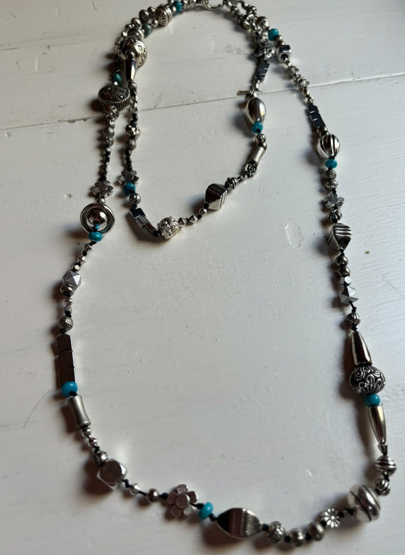40” Wrap Necklace - Turquoise & Metallic